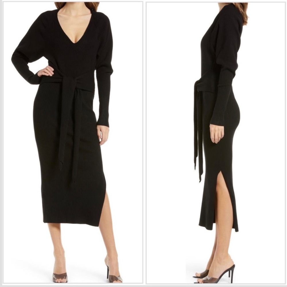 Good American Black Rib Midi Dress 5/6 Ties at Waist Side Slit Hem Super Stretch
